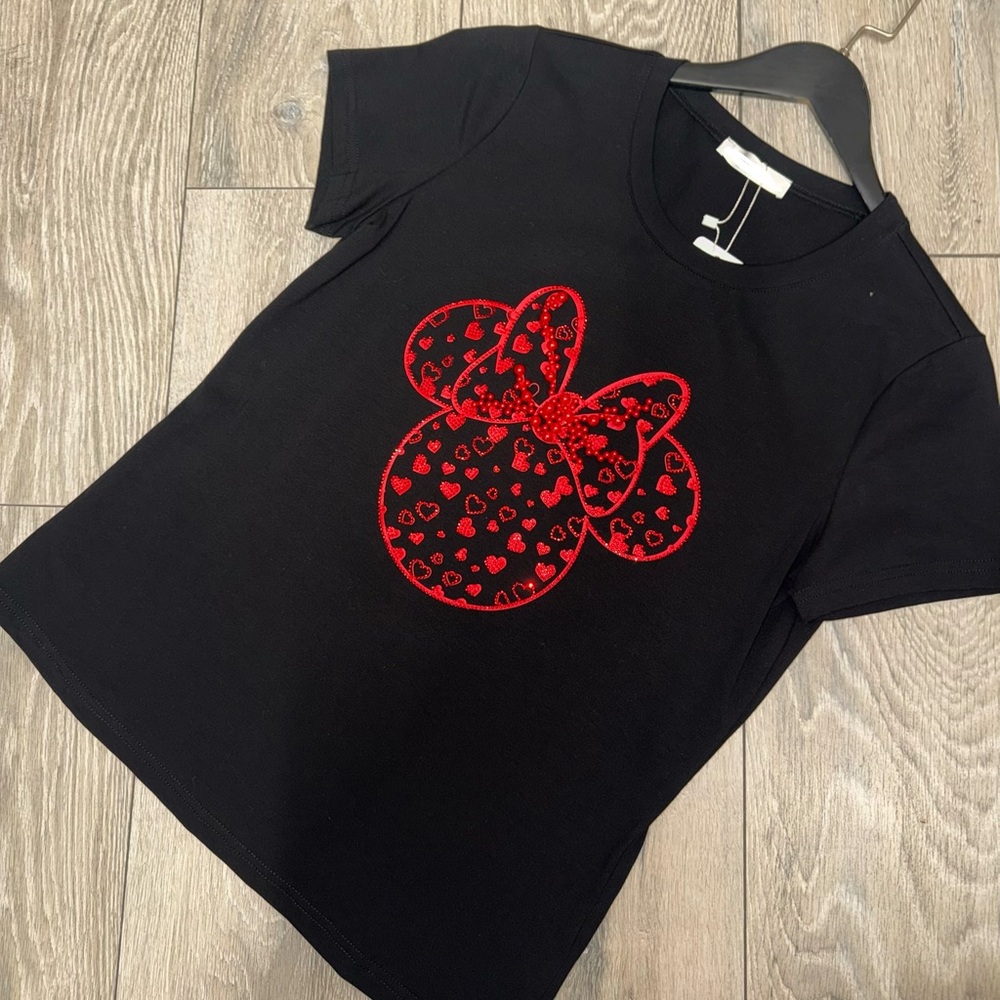 Black T-Shirt with Red Sequin Bow Design